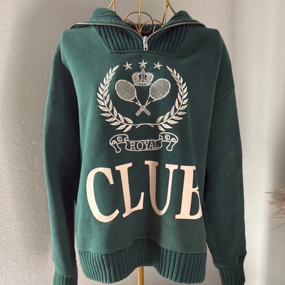 Royal Club Green cream Hoodie with zip front ribbed collar set with sweatpants - Picture 2 of 5